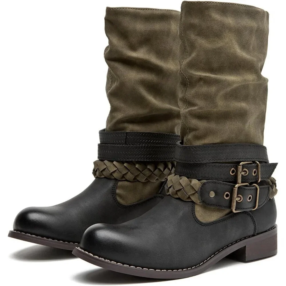 Women's Green SelRoys Mid-Calf Motorcycle Riding Boots Buckle Straps Pull-On - Picture 3 of 7